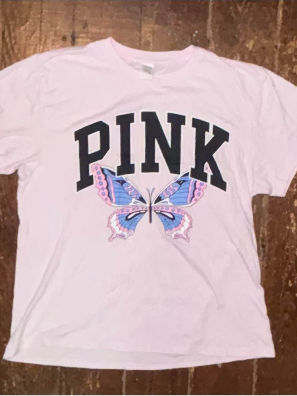 PINK Victoria's Secret Light Pink Tee with Blue & Purple Butterfly